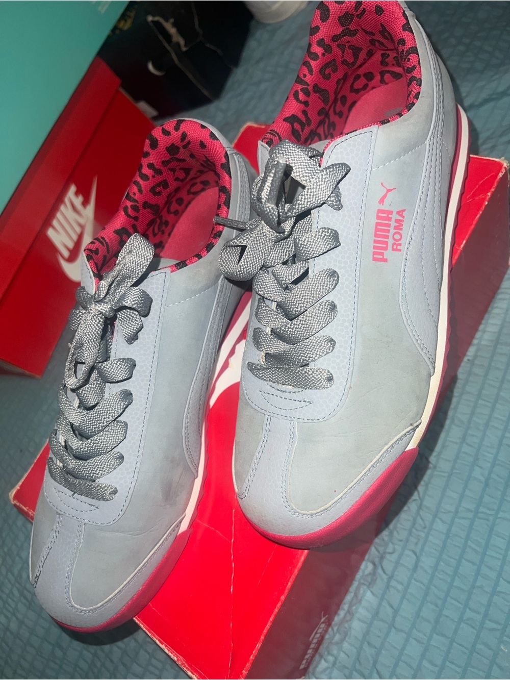 Puma Roma Women’s Sneakers in Gray and Pink Leopard Lining